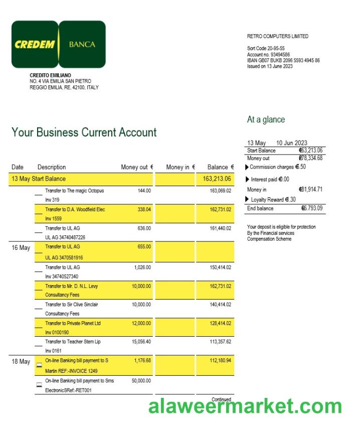 Credito Emiliano firm account statement Word and PDF template